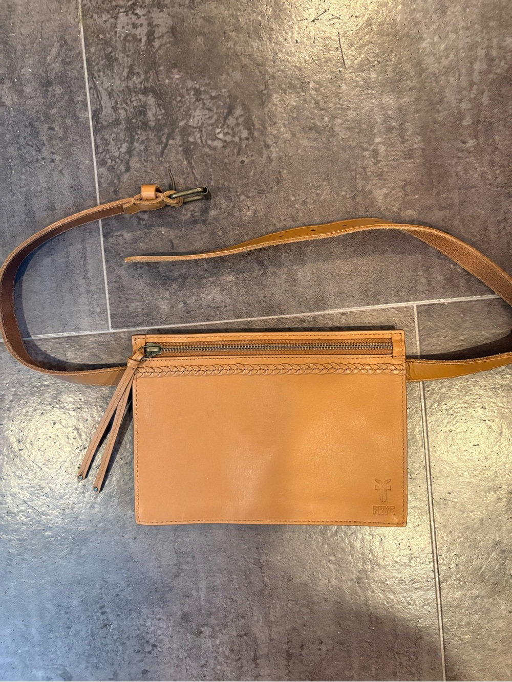 Frye Leather Belt Bag Light Brown Braided Fanny Pack Waist Purse Wallet Western